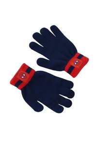 Marine handschoenen met rode geribde manchetten waarop een Spider-Man-logo staat. Het materiaal lijkt zacht, de textuur is glad, met gestreepte accenten op de manchetten.