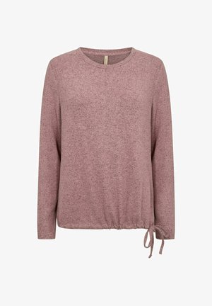 Langärmliges Oberteil in sanftem Rosa mit runder Ausschnitt und gerafftem Saum, der seitliche verstellbare Bänder für eine optimale Passform hat.