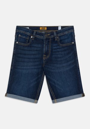 Ciemnoniebieskie szorty jeansowe z podwiniętymi mankietami, z przednim guzikiem i zamkiem błyskawicznym, szlufkami na pasek i pięcioma kieszeniami, oznaczone marką Jack & Jones.