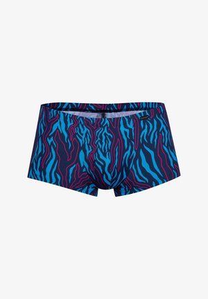 Modré a růžové vzorované plavky s námořnickým pozadím, vyrobené z hladké látky, s příjemným střihem a elastickým pasem.