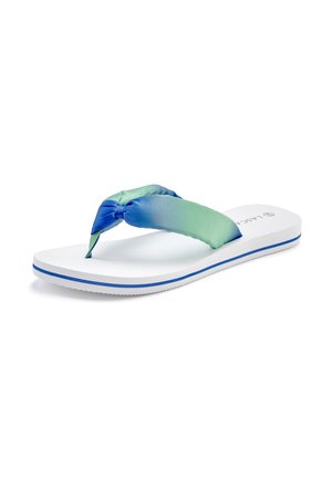 Flip-flop featuring a knotted fabric strap in green and blue gradient, white rubber sole with a blue accent stripe, lightweight design.
