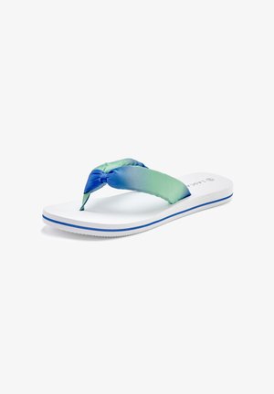 Flip-Flop mit einem geknoteten Stoffband in grün-blauen Farbverlauf, weißer Gummisohle mit blauen Akzenten, leichtes Design.