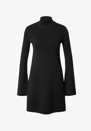 Schwarzes Rippstrickkleid mit hohem Stehkragen und ausgestellten langen Ärmeln, das eine lockere Passform und einen knielangen Saum bietet.