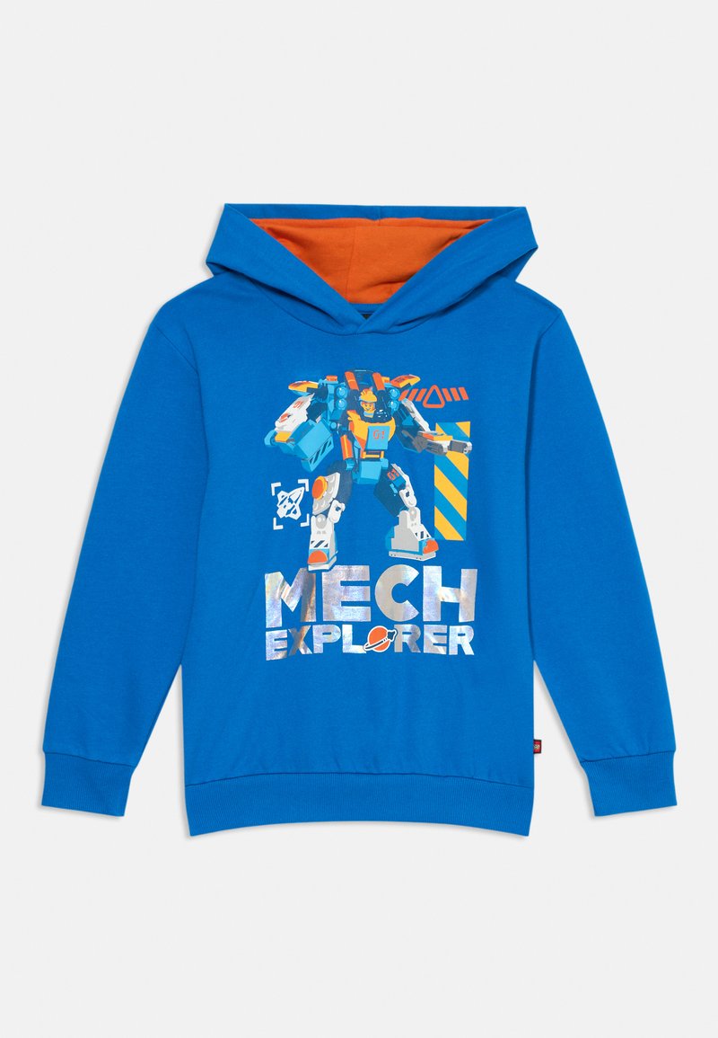 Feliz azul com um gráfico de um robô mecânico. Inclui forro laranja na capuz e texto em negrito "MECH EXPLORER" com acentos reflexivos.