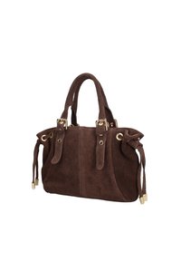 Sac à main en daim marron avec deux poignées courtes, œillets dorés et accents à cordon. Présente une texture douce et un design structuré.