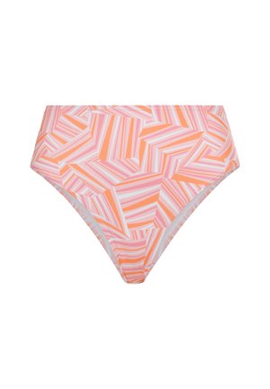 Visoke bikinice z geometrijskim vzorcem v oranžni, roza in beli barvi. Narejene so iz lahkega, raztegljivega materiala.