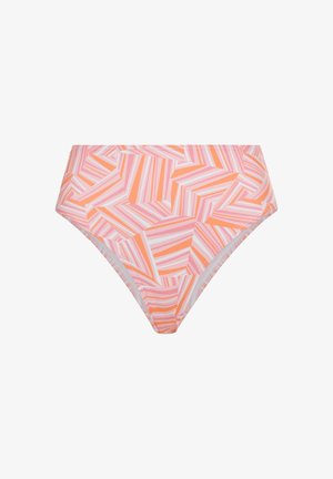 Hooggeheven bikini onderkant in een geometrisch patroon met oranje, roze en witte strepen. Gemaakt van lichte, rekbare stof.