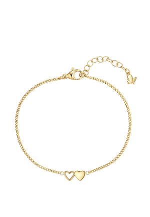 Pulsera delicada de cadena de oro con dos corazones, uno sólido y otro con contorno, y un cierre ajustable con un pequeño colgante en forma de hoja.