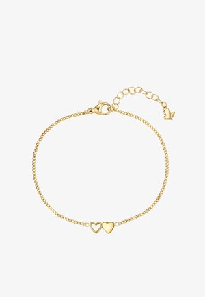 Pulsera delicada de cadena de oro con dos corazones, uno sólido y otro con contorno, y un cierre ajustable con un pequeño colgante en forma de hoja.