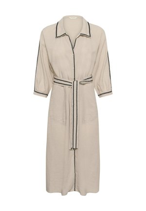 Beige midi-jurk met zwarte zigzagafwerking, knopen aan de voorkant, driekwartmouwen, kraag, twee voorzakken en bijpassende tailleband.