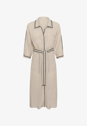 Beige midi-jurk met zwarte zigzagafwerking, knopen aan de voorkant, driekwartmouwen, kraag, twee voorzakken en bijpassende tailleband.