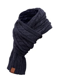 Navy blue knitted scarf with a braided pattern, featuring a ribbed end. Accented with a small brown leather tag. Soft and textured.