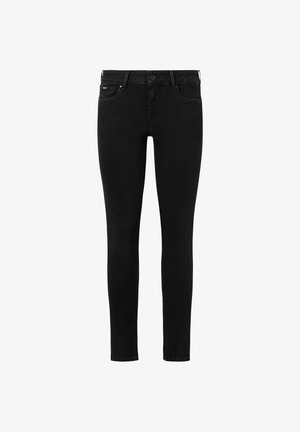 Čierne džínsy slim fit s zapínaním na gombík a zips, s pútkami na opasok a prednými aj zadnými vreckami, zobrazené na bielom pozadí.