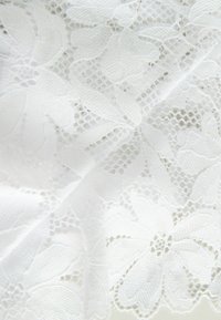Hvidt blonde stof med blomsterdesign og en delikat tekstur, med en gennemsigtig kvalitet og intrikate detaljer overalt.