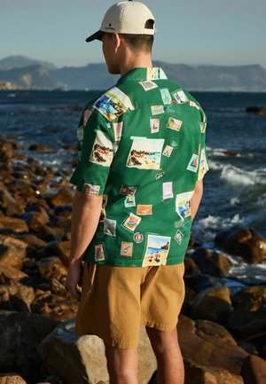 Junger Mann trägt ein grünes Kurzarmhemd mit bunten Postkartendrucken, braune Shorts und eine weiße Kappe und steht an einem felsigen Ufer am Meer.