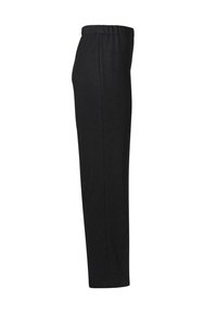 Zwarte broek met een standaardpasvorm, elastische tailleband en een gladde, zachte stof zonder zichtbare zakken of patronen.