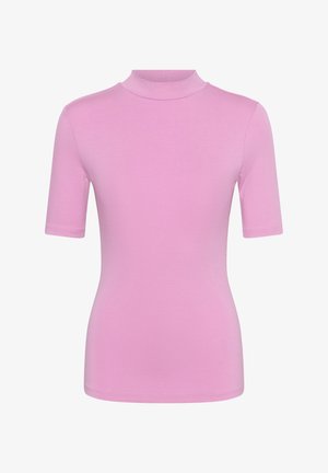 Roze, nauwsluitend topje met korte mouwen en een colletje, gemaakt van gladde stof met een eenvoudig ontwerp, afgebeeld op een witte achtergrond.