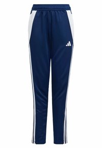 Marineblauwe sportbroek met witte zijkanten, elastische tailleband en taps toelopend ontwerp, gemaakt van glad, ademend materiaal.