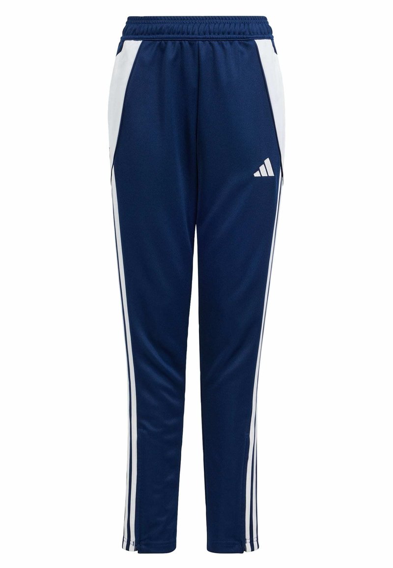 Marineblauwe sportbroek met witte zijkanten, elastische tailleband en taps toelopend ontwerp, gemaakt van glad, ademend materiaal.