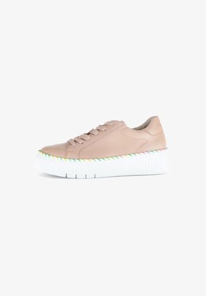 Beige leather sneakers with a rounded toe, white textured sole, and multicolored pattern along the sole edge. Features central lacing.