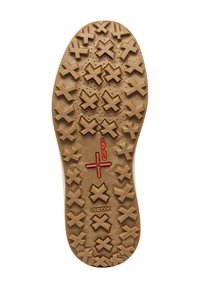 Suola di scarpa in gomma marrone con un design texture, caratterizzata da motivi a forma di X e un accento rosso "GRIP". Marchio "GEOX" vicino all'area del tallone.