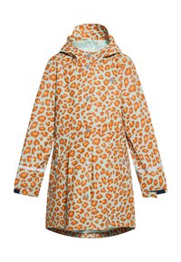 Vattentät jacka med ett orange leoprint på en ljusblå bakgrund, med huva, tryckknappar och reflexdetaljer.