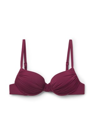 Lila gepolsterter BH mit plissiertem Stoff, verstellbaren Schulterträgern und unterlegtem Bügel, flach auf einem weißen Hintergrund liegend.