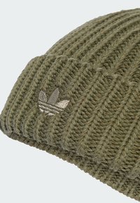 Căciulă tricotată verde cu riduri texturate, având un logo brodat argintiu pe față. Materialul pare moale și călduros.