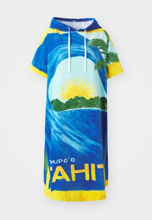Hooded beach towel dress featuring vibrant blue, yellow, and green colors. Design includes sun, waves, and palm trees with "TAHITI" text.