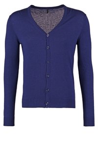 Mörkblå cardigan med V-hals, långa ärmar och sex framknappar. Mjukt stickat material med en texturerad insidan av halsringningen.