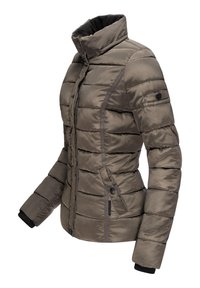 Padded jacket in dark taupe, featuring a high collar, zip closure, side pockets, and contrasting stitching. Cuffs are ribbed for warmth.