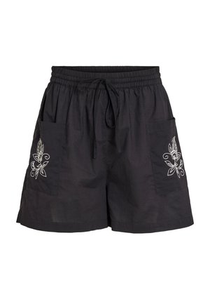 Black shorts with an elastic waistband and drawstring. Features two pockets adorned with white floral embroidery on each side.