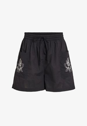 Black shorts with an elastic waistband and drawstring. Features two pockets adorned with white floral embroidery on each side.