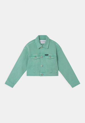 Veste en jean courte vert menthe avec boutonnière devant, poches poitrine à rabat et col classique, posée à plat sur fond blanc.
