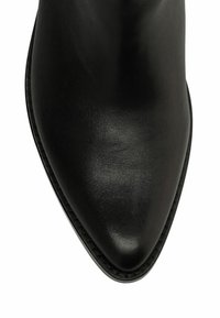 Zwarte puntige enkelboot van soepel leer. Heeft een slanker silhouet en minimale stiksels langs de rand.