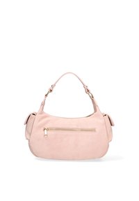 Borsa in suede rosa con un'unica maniglia arrotondata, hardware dorato, tasca con zip frontale e dettagli laterali per una silhouette morbida e strutturata.