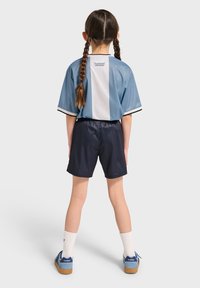 Blauw en wit kortemouwenshirt met een contrasterende kraag, gecombineerd met donkere shorts. Het shirt heeft horizontale strepen; de shorts hebben een gladde textuur.