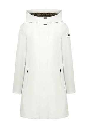 Cappotto impermeabile bianco con cappuccio a collo alto, due tasche laterali con zip e texture liscia. Presenta accenti neri a contrasto e un design elegante.