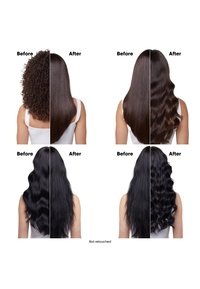 Quatre images montrent des transformations capillaires : cheveux bouclés, raides et ondulés dans diverses nuances foncées. Étiquetées « Avant » et « Après ».