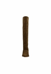 Single tall brown suede boot with a flat sole, viewed from the front against a white background.