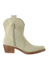 Bota de tobillo de ante verde claro con cremallera lateral, costuras decorativas, punta redonda y un tacón bajo de madera.