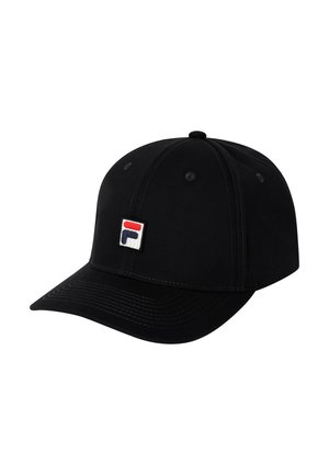 Casquette de baseball noire à visière incurvée avec petite écusson carré arborant des formes rouges et bleues sur le panneau avant.