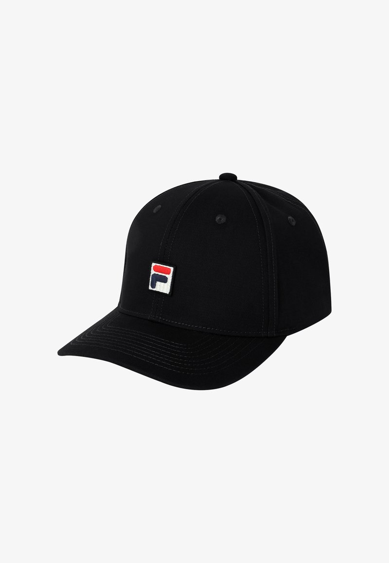 Casquette de baseball noire à visière incurvée avec petite écusson carré arborant des formes rouges et bleues sur le panneau avant.