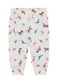 Kinder sweatpants gemaakt van zacht materiaal, met een licht crèmekleurige basis en kleurrijke dieren- en fantasiepatronen, elastische tailleband en boorden.