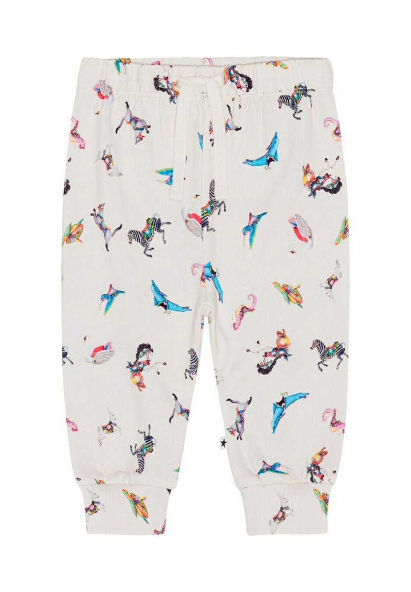 Kinder sweatpants gemaakt van zacht materiaal, met een licht crèmekleurige basis en kleurrijke dieren- en fantasiepatronen, elastische tailleband en boorden.