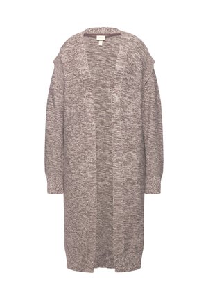 Langer, offen front cardigan aus einem strukturierten, melierten Strickstoff. Schattierungen von Beige und Braun, mit langen Ärmeln und gerippten Bündchen.