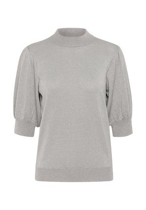 Pull en argent à manches courtes avec un col montant, présentant des manches bouffantes et une finition métallique texturée. Couleur unie, coupe décontractée.