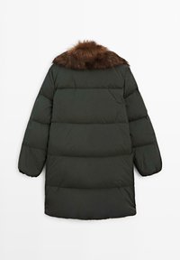 Long dark green padded winter coat with brown fur collar, long sleeves, and horizontal quilting, shown from the back against a white background.