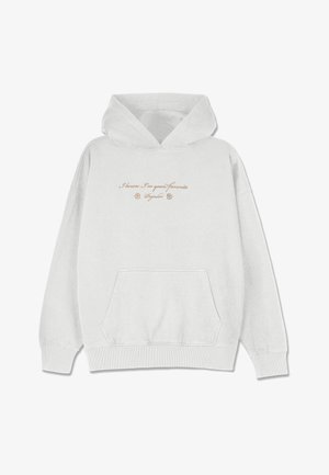 Jasnoszara hoodie wykonana z miękkiego materiału, z kieszenią z przodu. Posiada kursywny tekst oraz akcenty kwiatowe na obszarze klatki piersiowej.