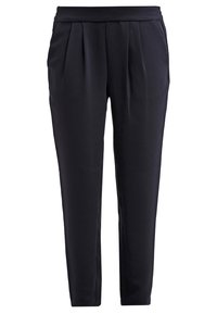 Pantalon noir fuselé avec plis sur le devant, taille élastique et poches latérales, conçu pour une coupe confortable et ajustée.